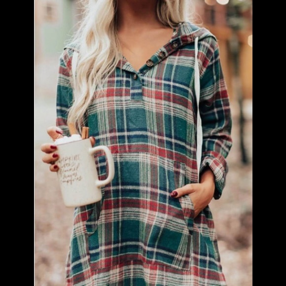 Hooded Flannel Plaid Loose V-Neck Few Buttons 🦘Pocket Drawstring Pullover Shirt - Picture 7 of 14